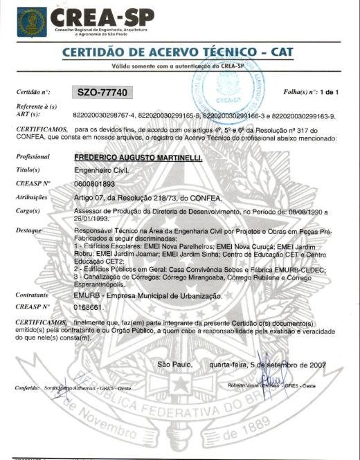Certidão de Acervo Técnico CREA-SP nº SZO-77740