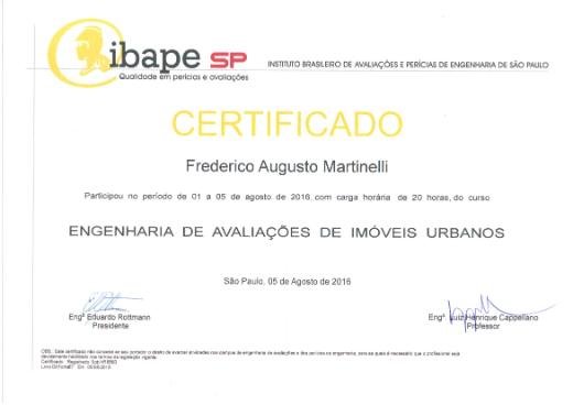 Certificado — Engenharia de Avaliações de Imóveis Urbanos, IBAPE-SP