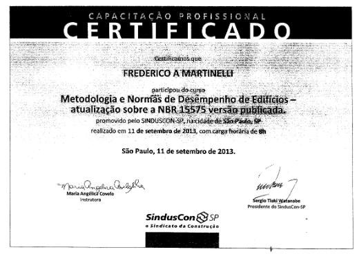 Certificado — Metodologia e Normas de Desempenho de Edifícios NBR 15575, SindusCon-SP
