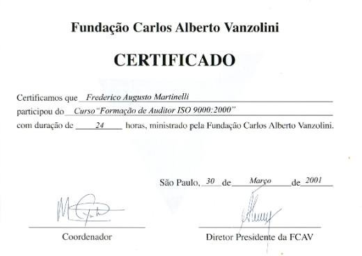 Certificado — Formação de Auditor ISO 9000:2000, Fundação Vanzolini